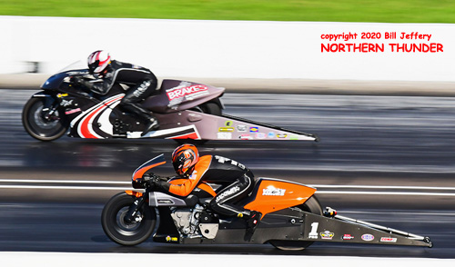 (near lane) Andrew Hines vs (far lane) John Hall